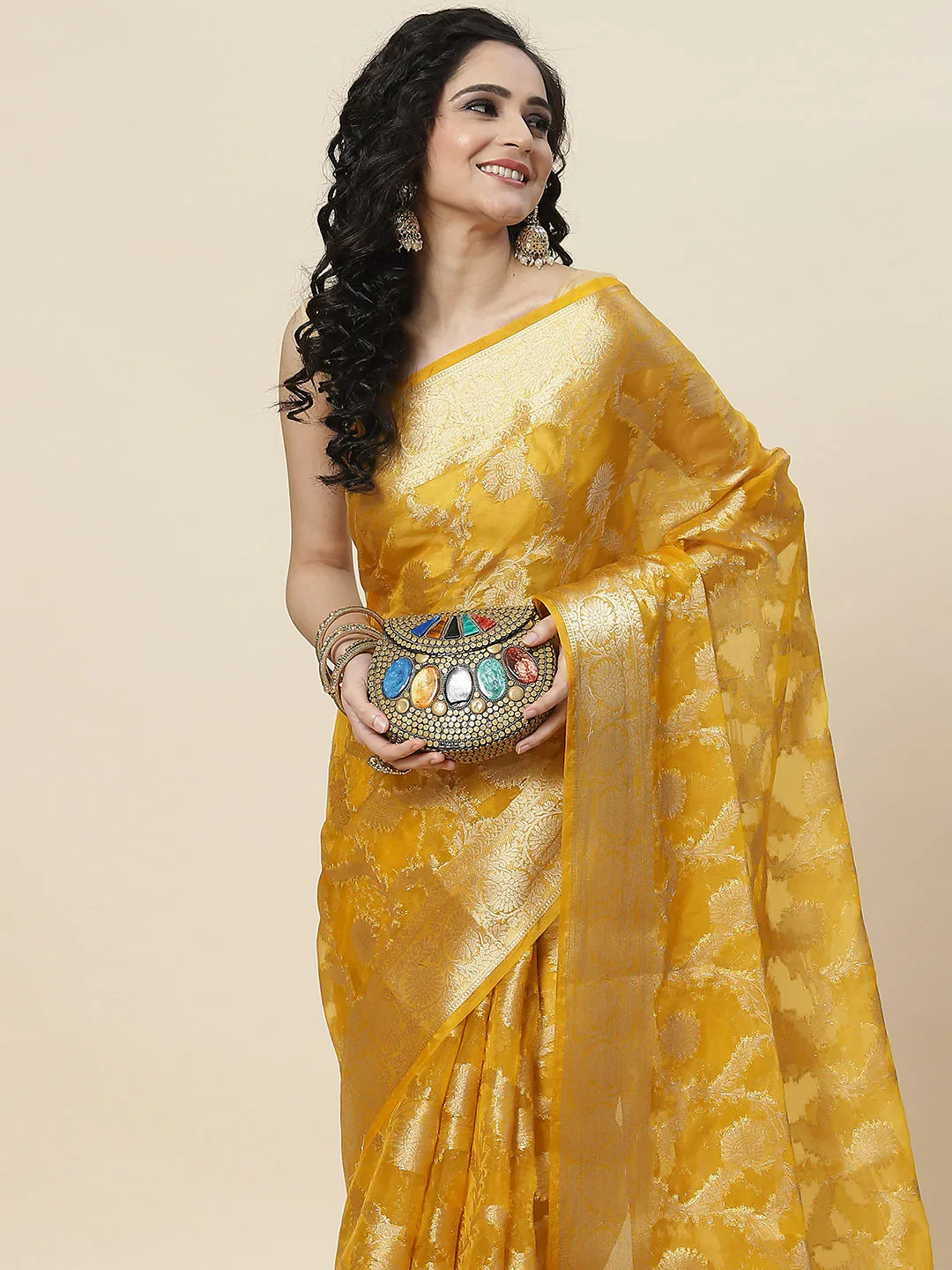 Floral Zari Jaal Organza Plain Saree