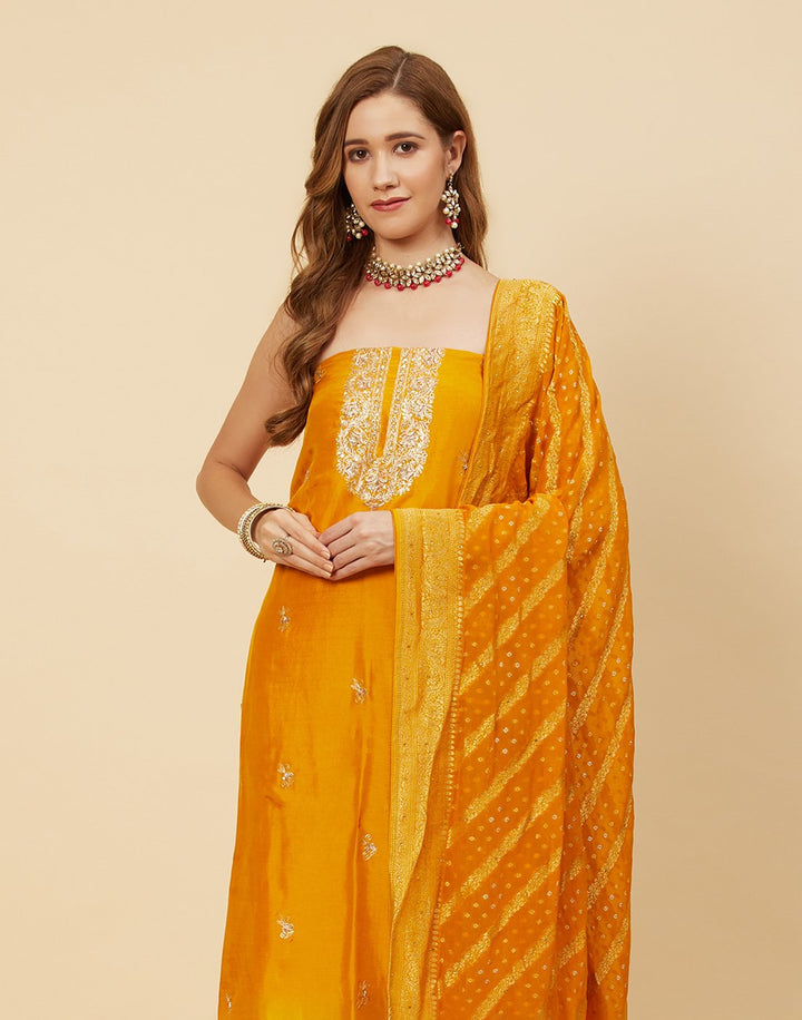 Embroidered Art Handloom Dupion Suit Piece With Bandhini Dupatta