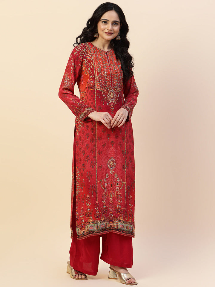 Digital Printed Crepe Kurta With Palazzo &amp; Dupatta