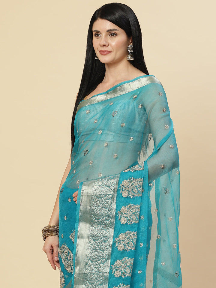 Embroidered Booti Organza Plain Saree
