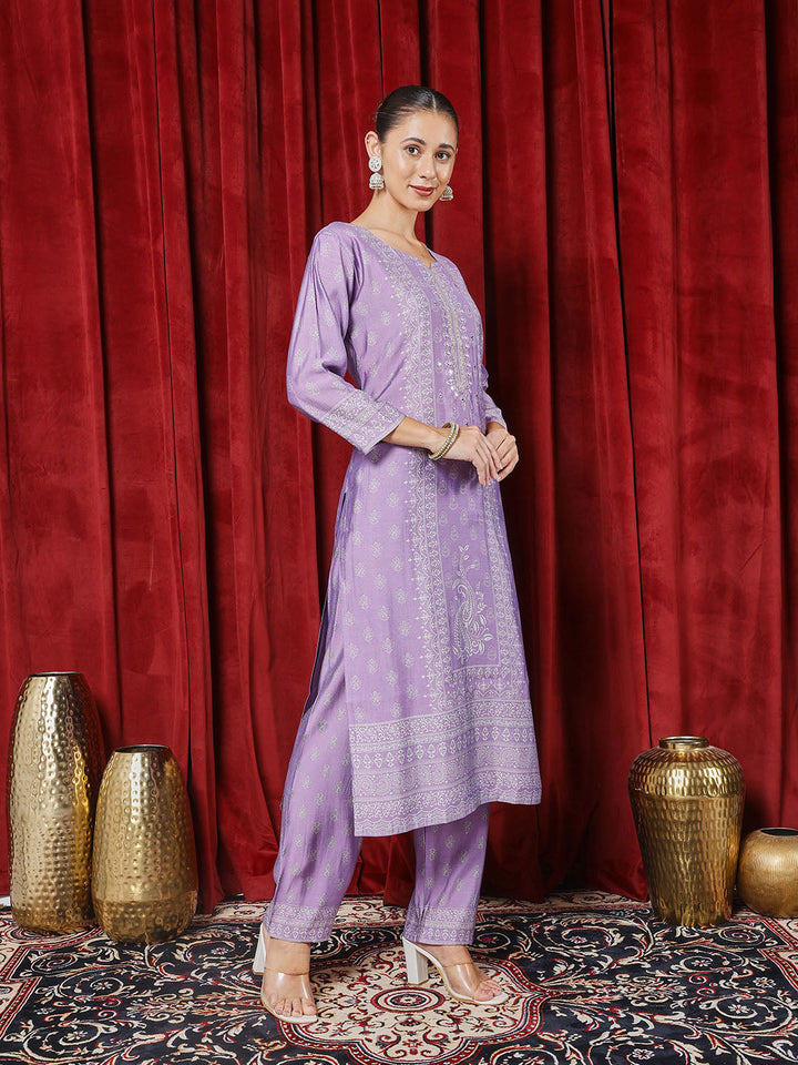 Printed Chanderi Kurta With Pants &amp; Dupatta