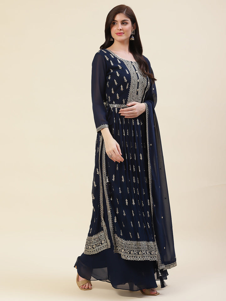 Resham Sequin Booti Georgette Kurta With Palazzo &amp; Dupatta