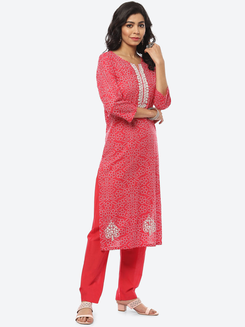 Printed Zari Neck Cotton Kurti With Pant
