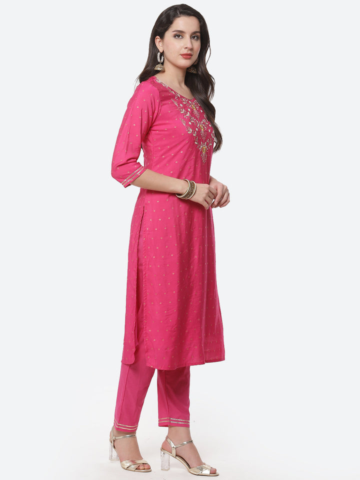 Embroidered Cotton Kurti With Pant And Dupatta