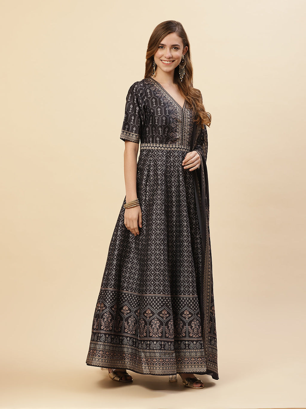 Art Tussar Digital Printed Anarkali Kurti With Chudidar And Printed Dupatta