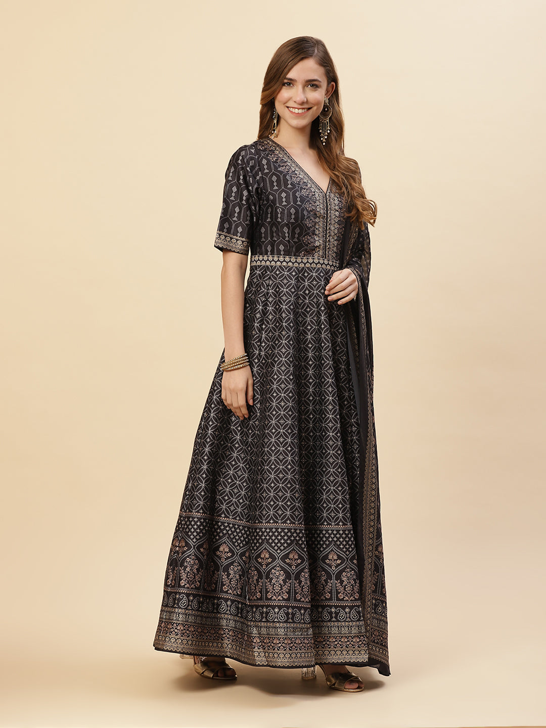 Art Tussar Digital Printed Anarkali Kurti With Chudidar And Printed Dupatta