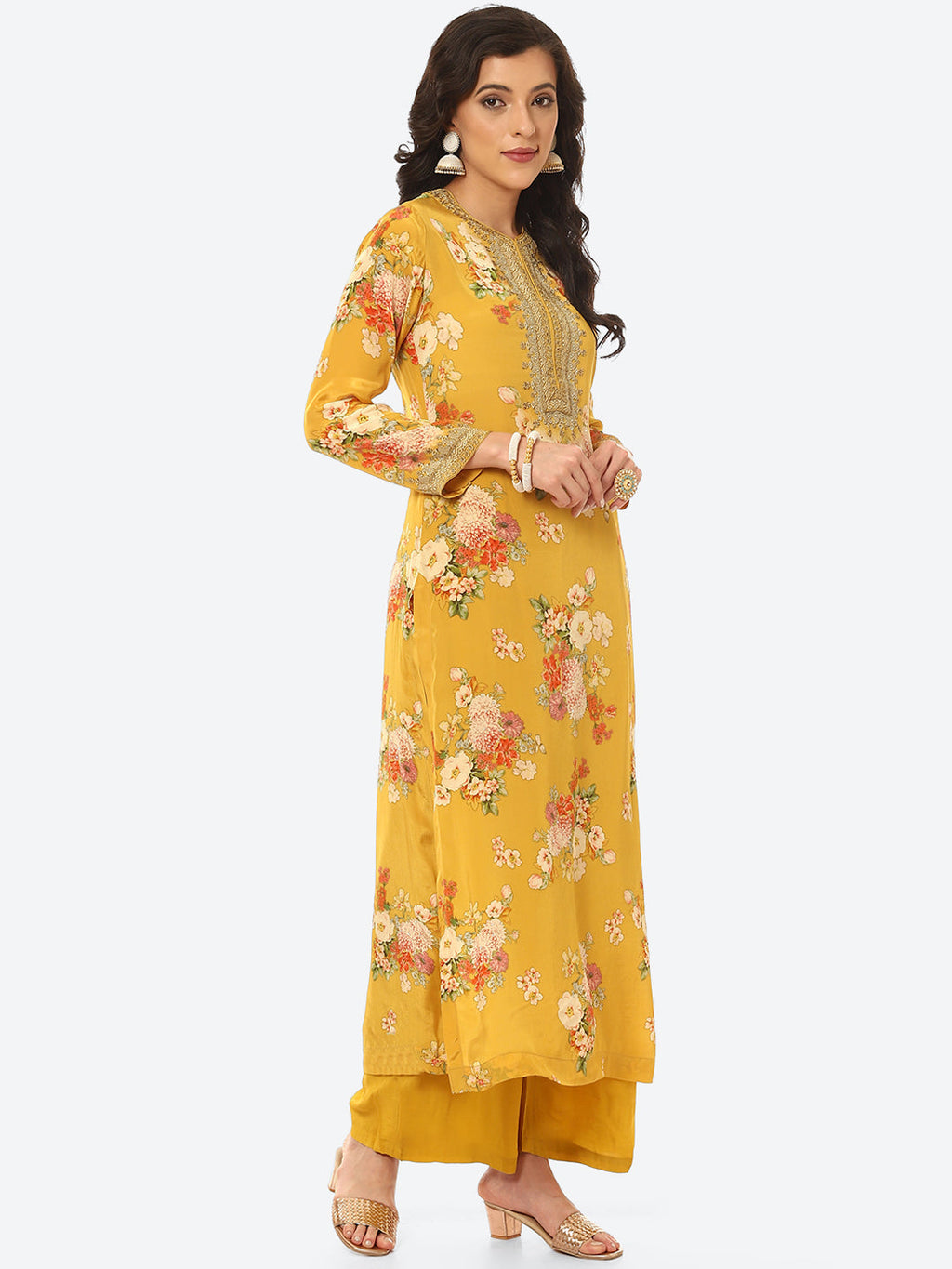 Floral Digital Printed Crepe Kurta With Palazzo & Net Dupatta