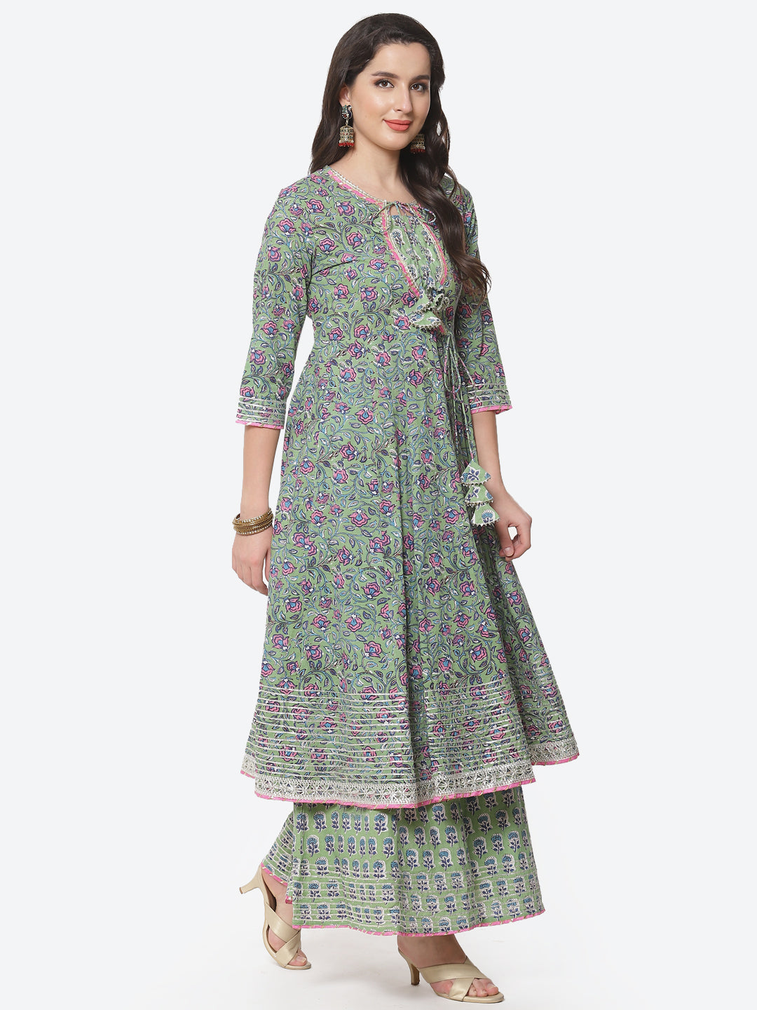 Block Printed Cotton Anarkali Kurti With Palazzo And Printed Dupatta