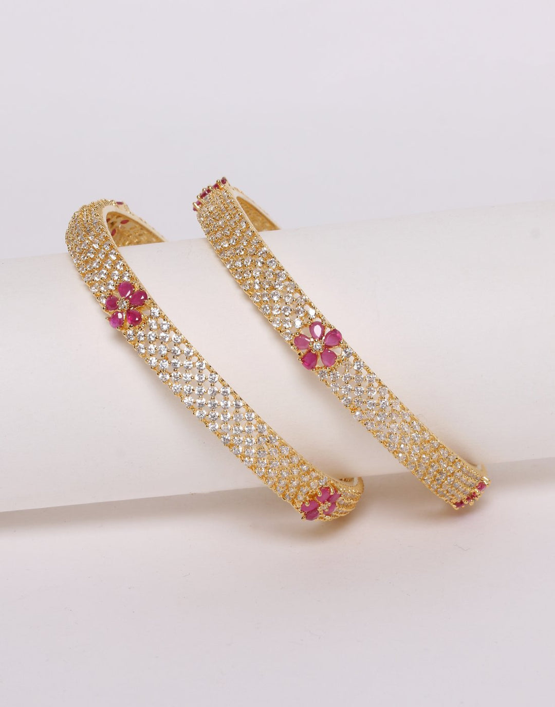 Elegant Gold Toned White with Coloured Stone Bangle Set