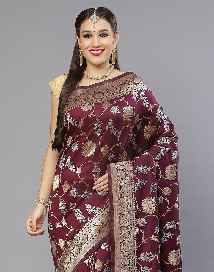 Banarsi Silk Saree with Silver and  Golden Zari Booties