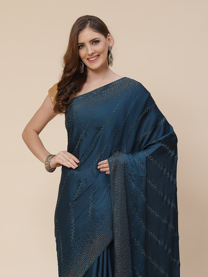 Stone Work Handloom Pure Satin Embroidered Saree