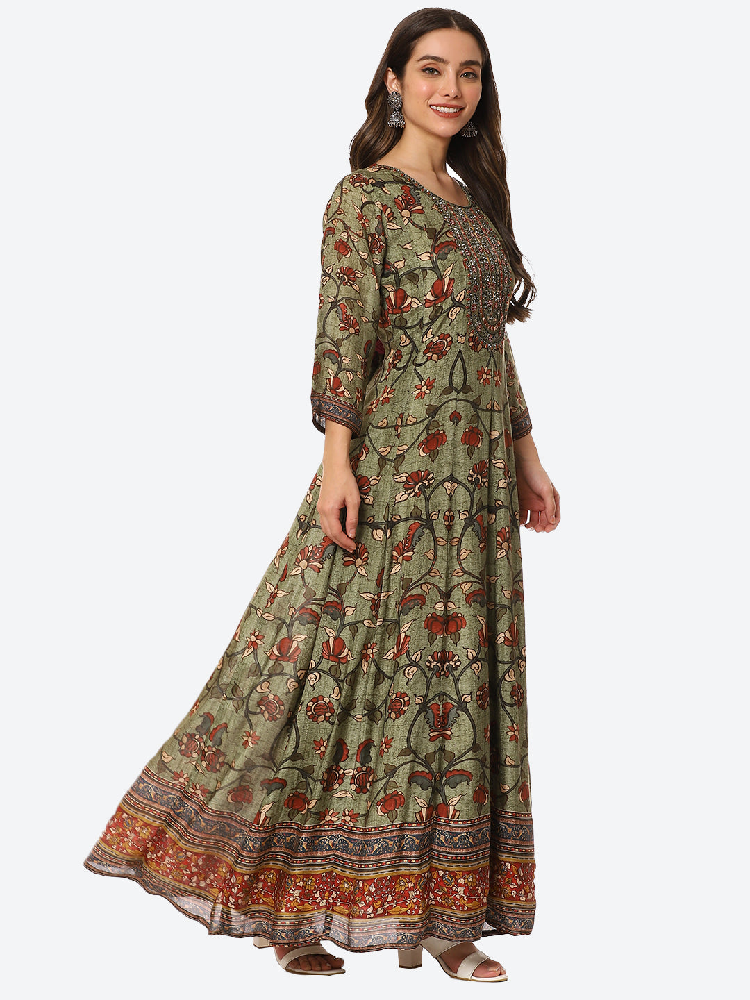 Mirror Neck Embroidered Printed Muslin Anarkali Kurta