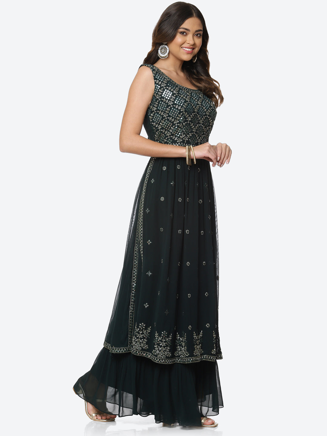 Resham Mirror Georgette Kurta With Palazzo &amp; Dupatta