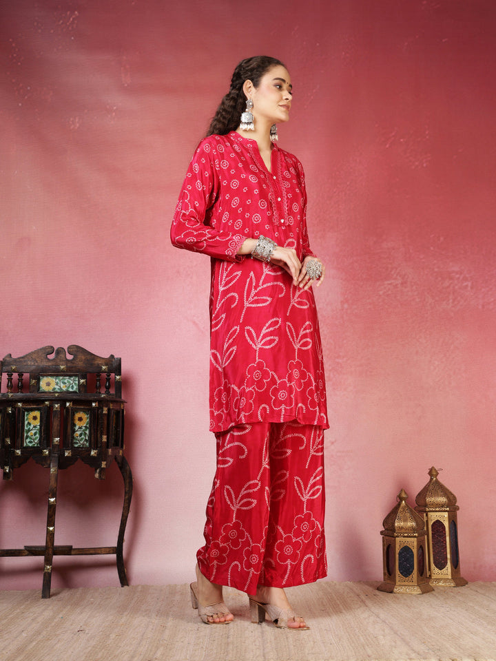 Hot Pink Crepe Printed A Line Kurta With Pant