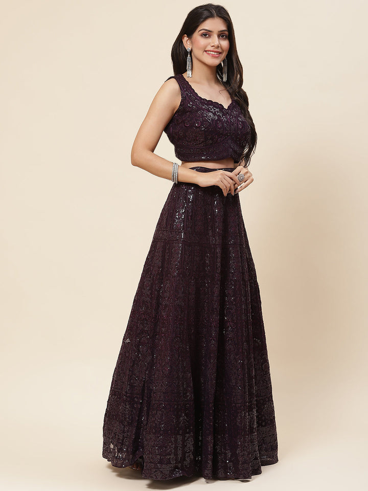Sequin Embroidered Georgette Choli With Lehenga &amp; Dupatta