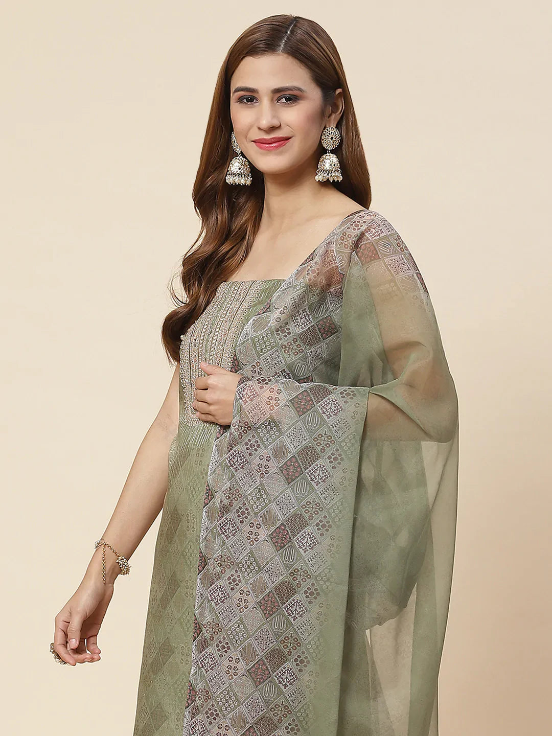 Neck Embroidered Chanderi Unstitched Suit Piece With Dupatta