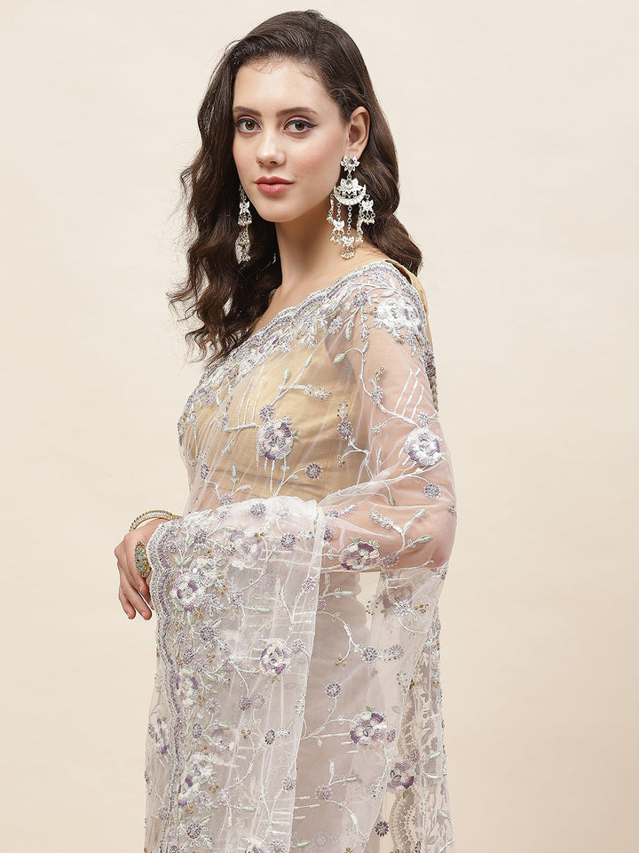 Resham Jaal Embroidery Net Saree