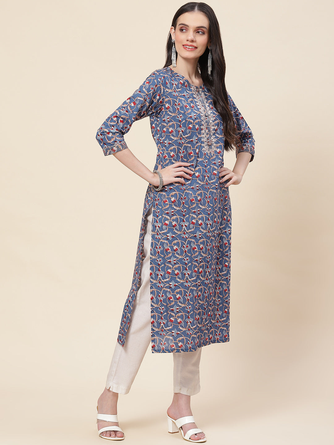 Printed &amp; Neck Embroidered Cotton Kurta
