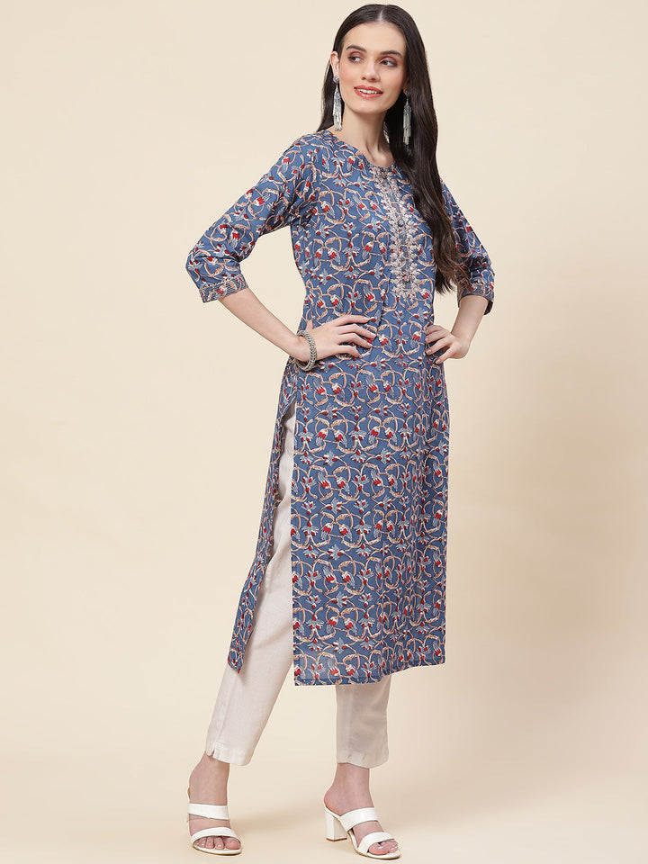 Printed &amp; Neck Embroidered Cotton Kurta