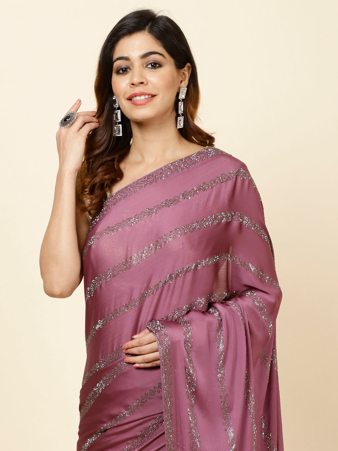 Stone Embroidered Chiffon Saree