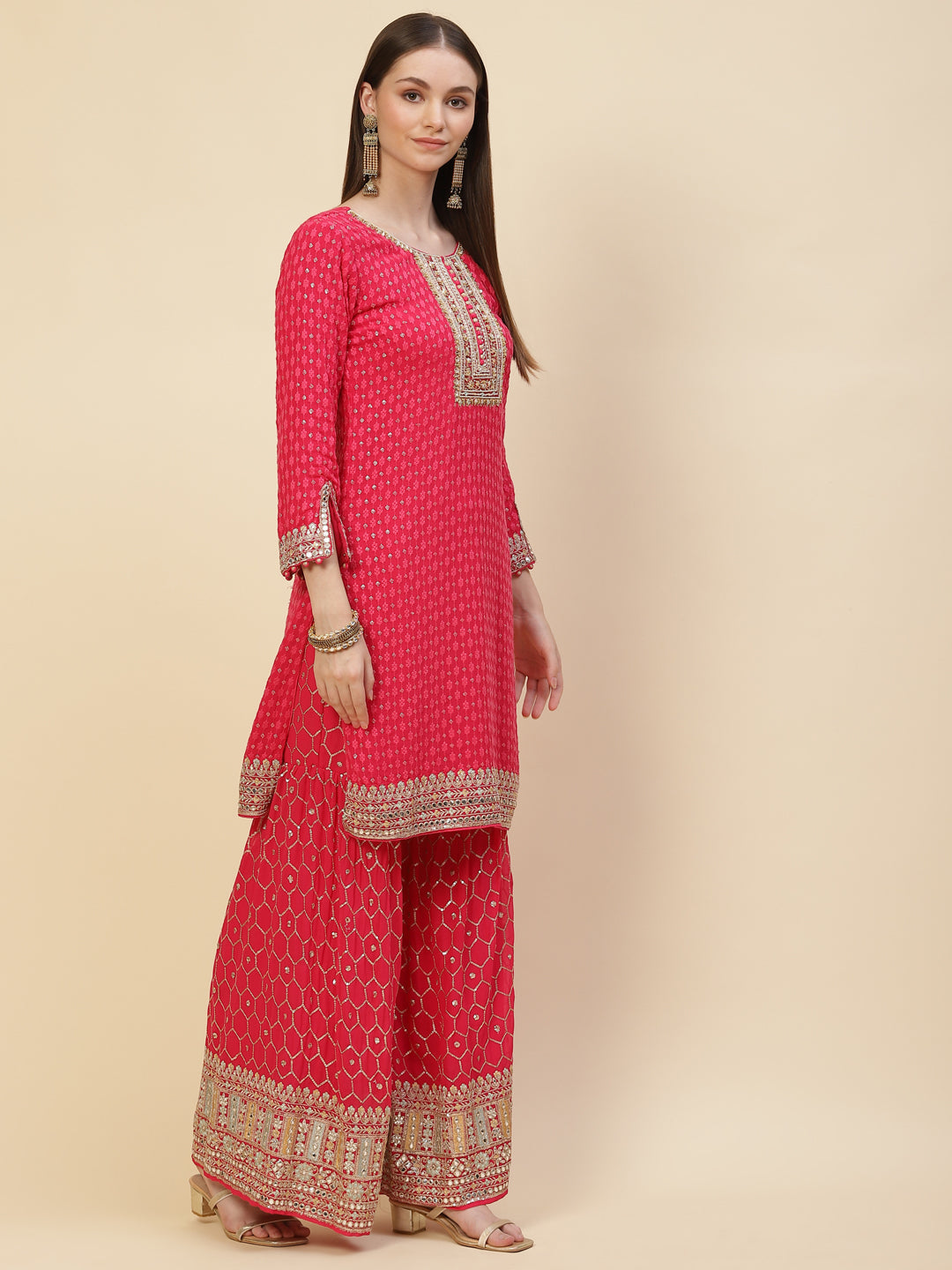 Sequin Embroidered Georgette Kurta With Sharara &amp; Dupatta