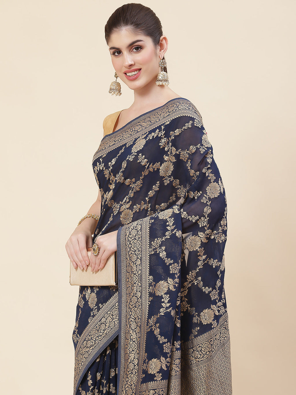 Floral Zari Jaal Georgette Plain Saree