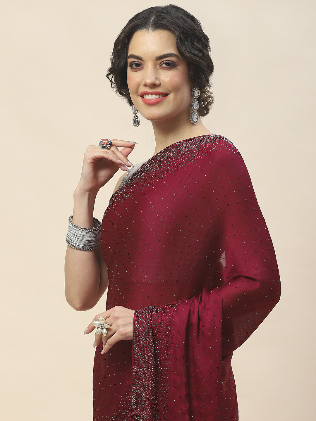 Stone Embroidered Chiffon Saree