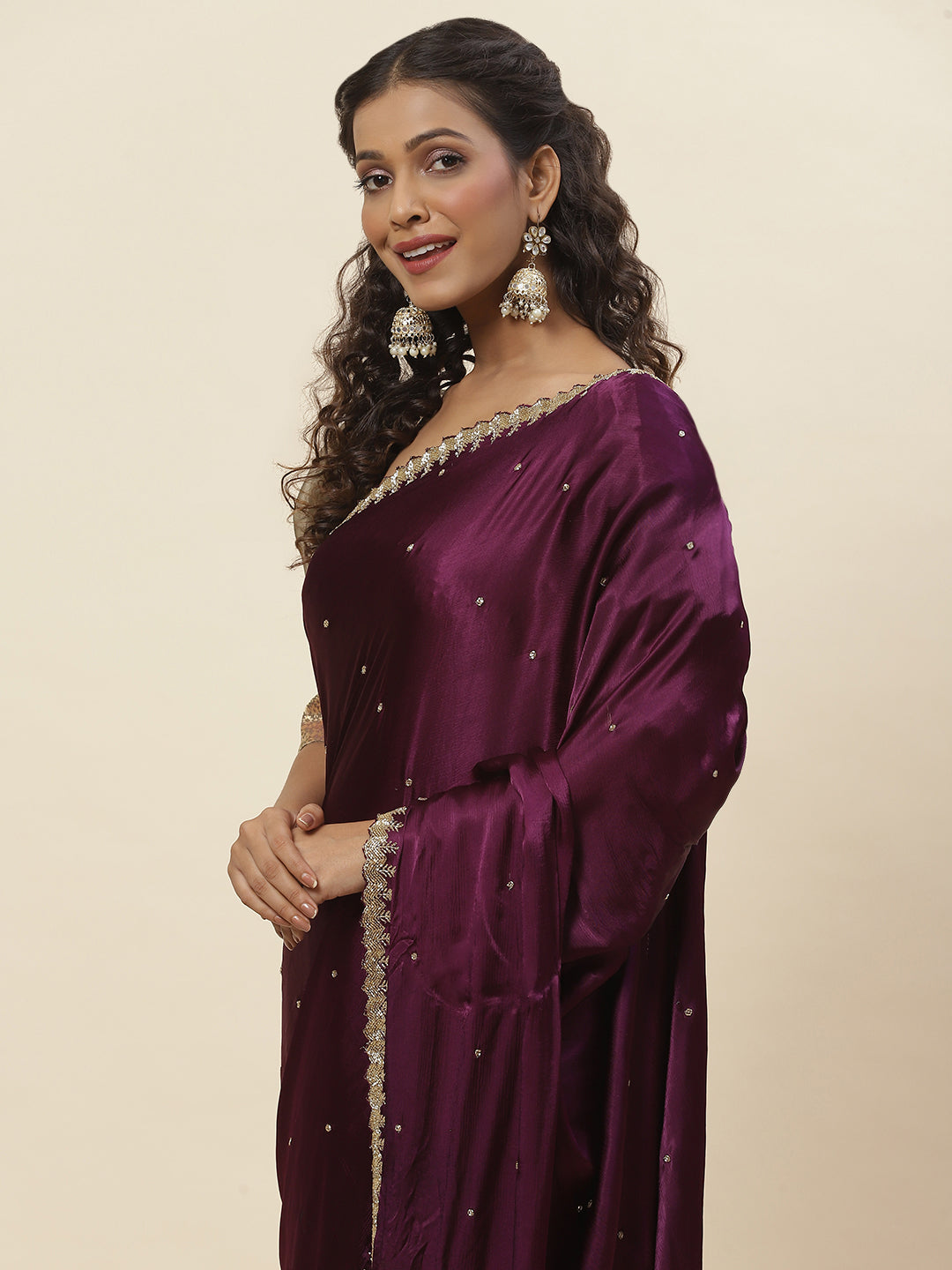 Cutdana Embroidered Chinnon Saree