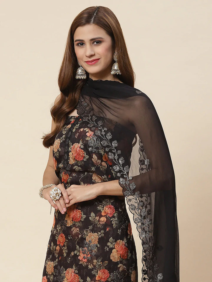 Digital Floral Printed Crepe Unstitched Suit Piece With Dupatta
