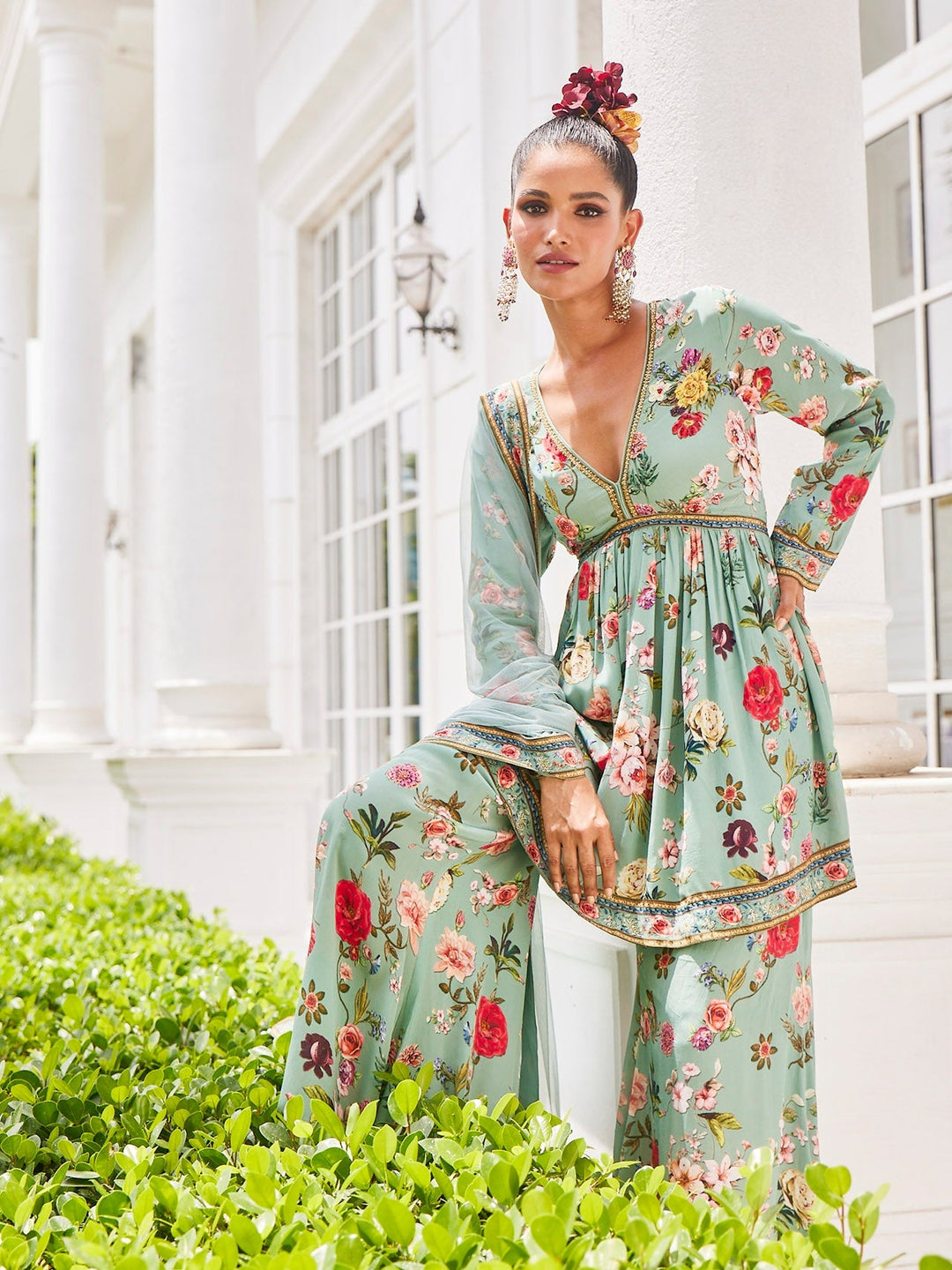 Floral Digital Printed Crepe Kurti With Sharara &amp; Net Dupatta