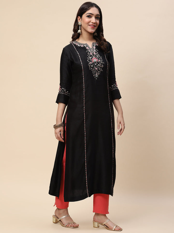 Neck Embroidered Satin Kurta