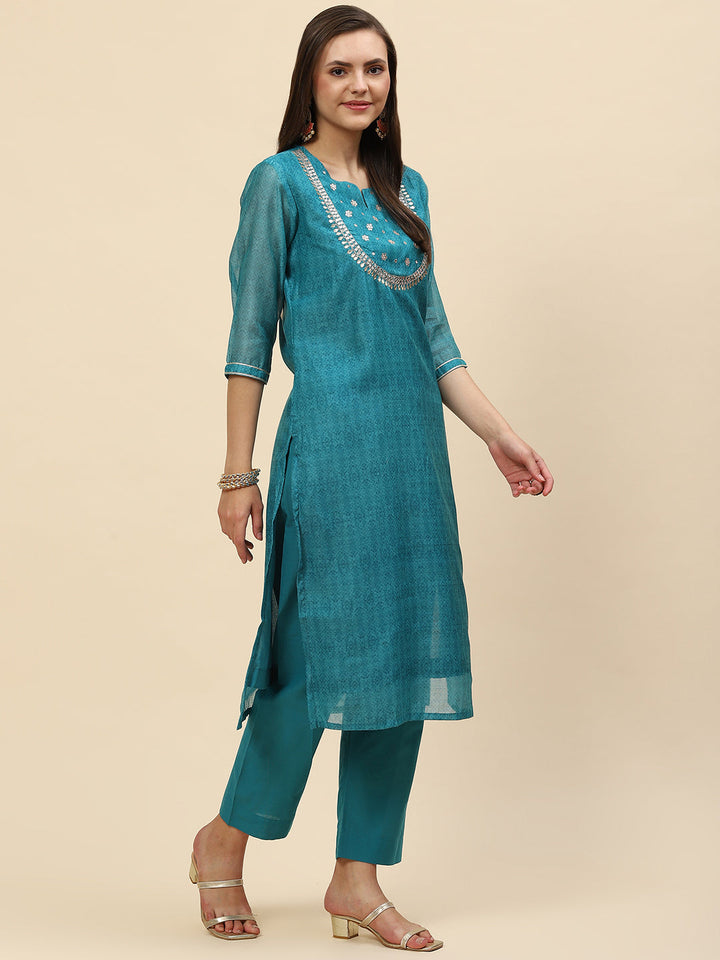 Gota Work &amp; Printed Chanderi Kurta With Pants