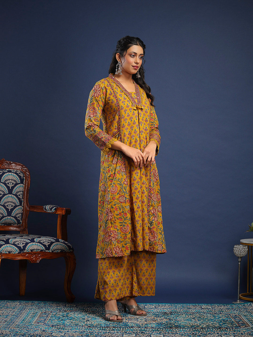 Mustard Cotton Blend Printed Straight Suit Set