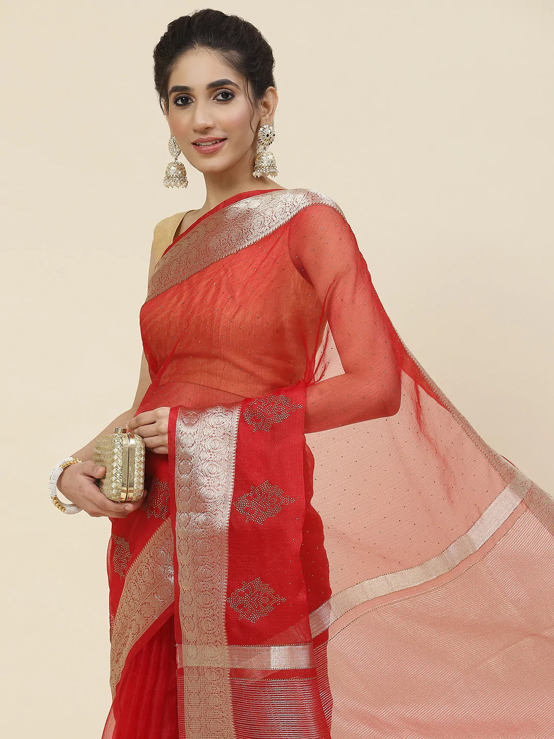 Stone Work Organza Plain Saree
