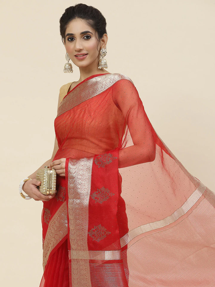 Stone Work Organza Plain Saree