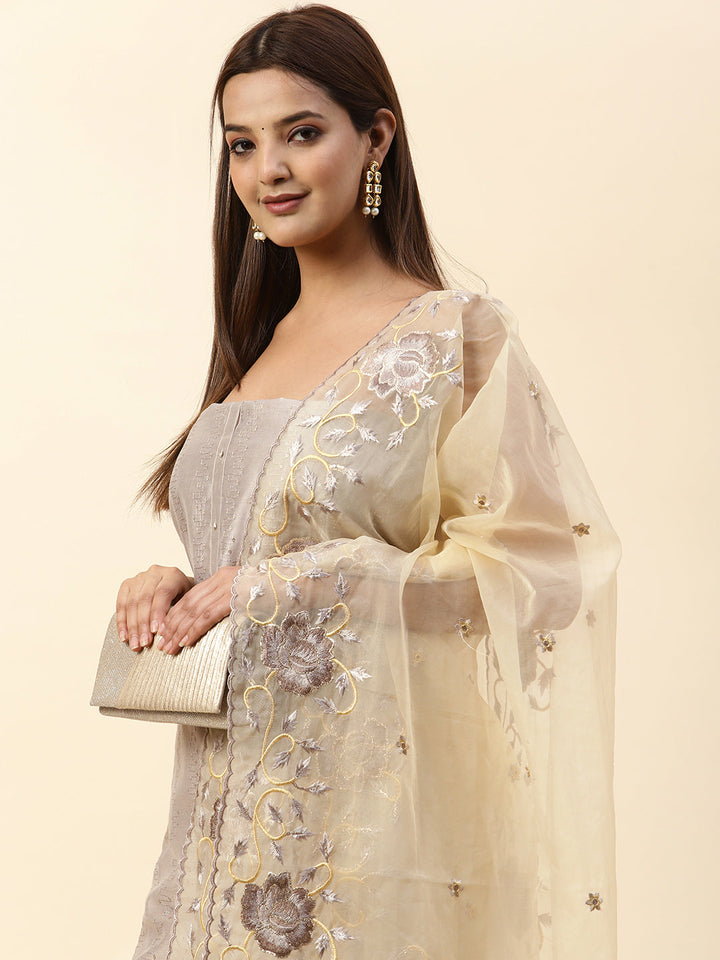 Embroidered Chanderi Unstitched Suit Piece With Dupatta