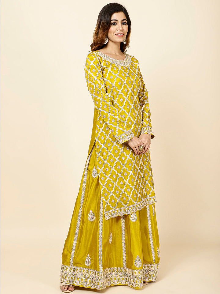 Embroidered Crepe Kurta With Lehenga &amp; Dupatta