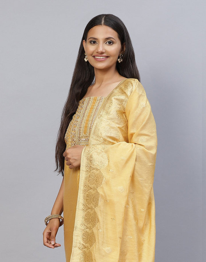 Embroidered Chanderi Suit Piece With Chanderi Banarasi Dupatta