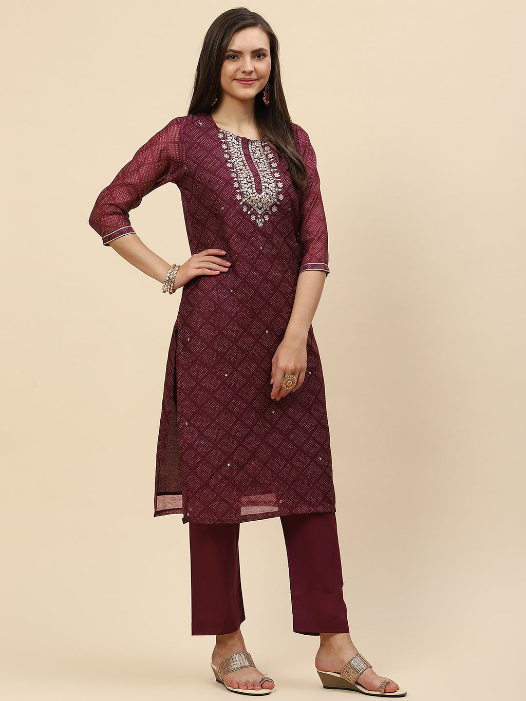 Mirror Embroidered & Printed Chanderi Kurta With Pants