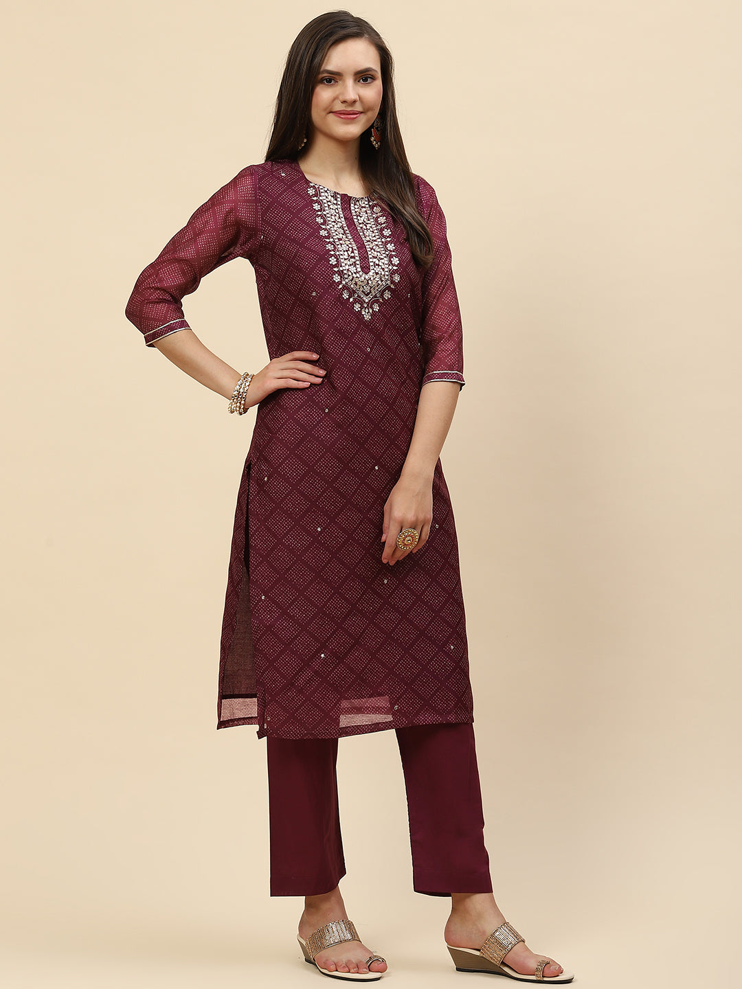 Mirror Embroidered & Printed Chanderi Kurta With Pants