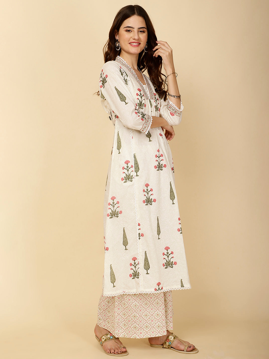 Block Printed Cotton Kurta With Palazzo & Dupatta