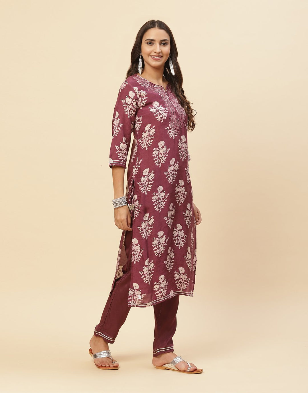 Printed Mirror Work Cotton Muslin Kurti With Pant