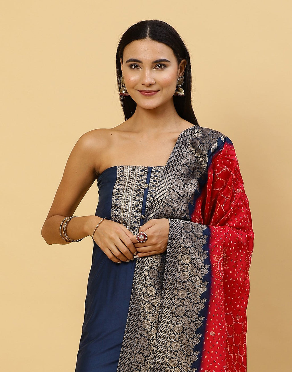 Embroidered Chanderi Suit Piece With Chanderi Banarasi Dupatta