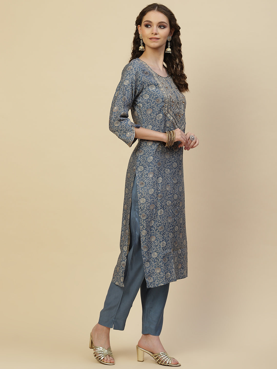 Floral Printed Cotton Kurta With Pants &amp; Dupatta