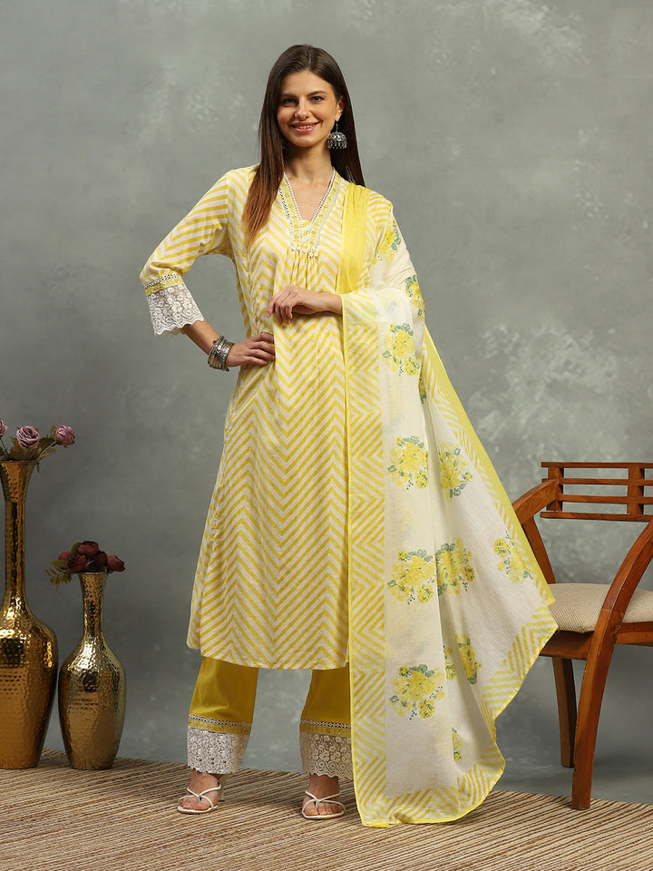 Printed Cotton Blend Kurta With Pants &amp; Dupatta