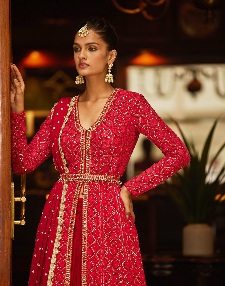 Embroidered Resham Jaal With Cutdana Georgette Lehenga With Jacket And Dupatta