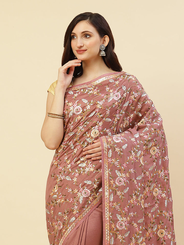Thread Work Embroidered Art Tussar Saree