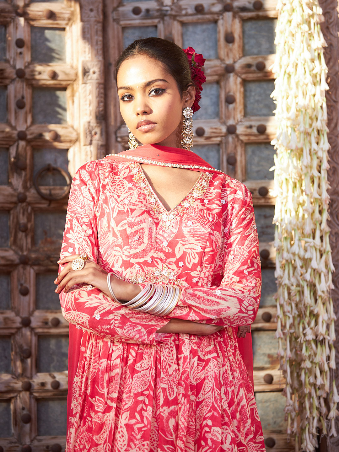 Pink Embroidered Chinon Kurta with Palazzo
