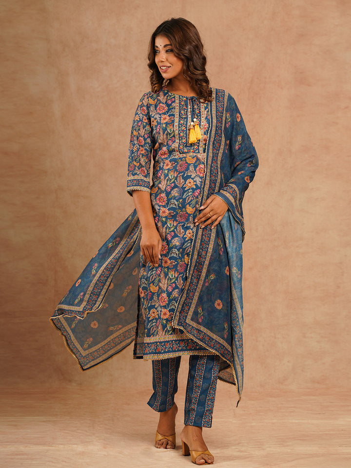 Floral Printed Muslin Kurta With Pants &amp; Dupatta