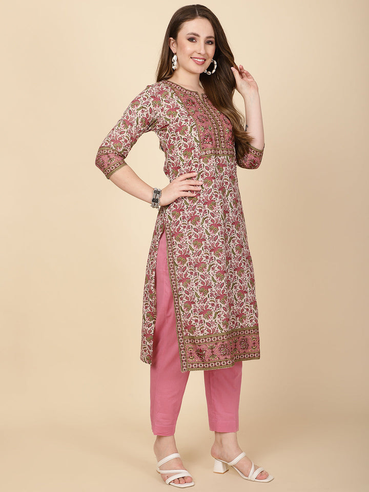 Floral Printed Cotton Kurta With Pants